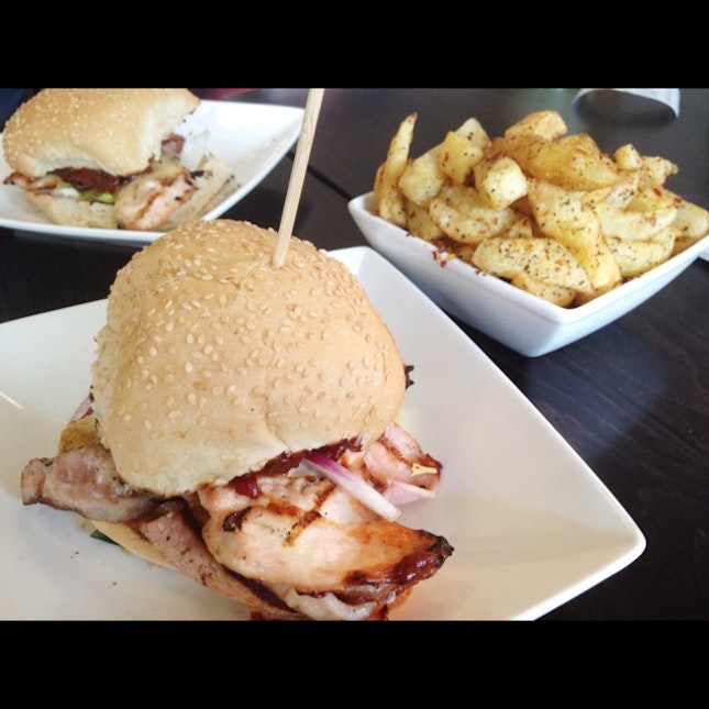 BBQ Cheese and Bacon Chicken Burger with Peri-peri Chips