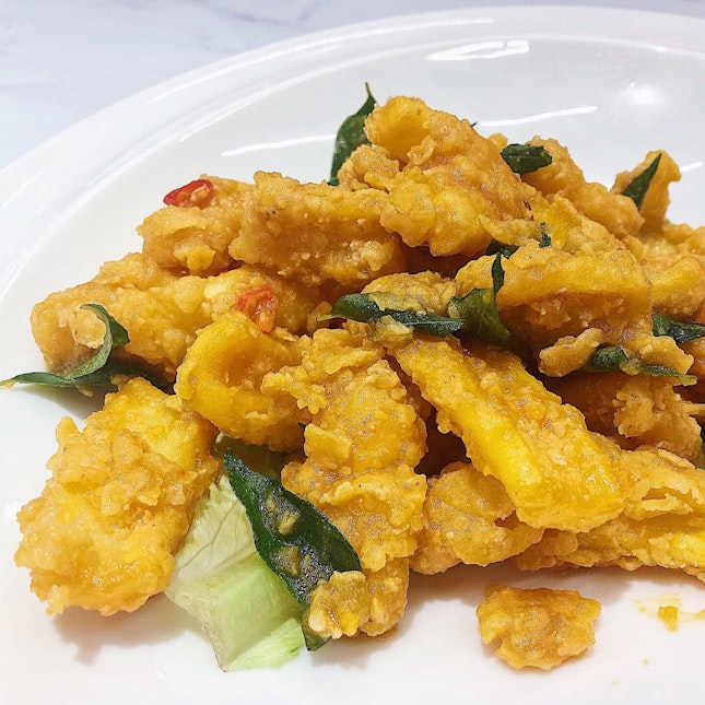 Salted egg sotong ($15.80/small, $21.80/medium). •HOSTED TASTING•