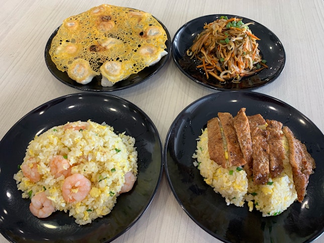 Prawn Fried Rice, Pork Ribs Fried Rice, Pan-Fried Dumplings, and Seaweed Salad